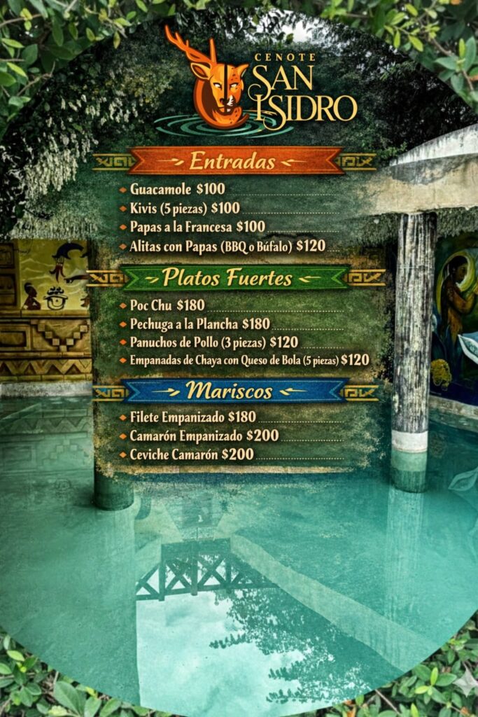 Menu de comida, Cenote San Isisdro
